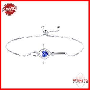 925 Sterling Silver Cross Birthstone Pendant Bracelet with Extension Chain